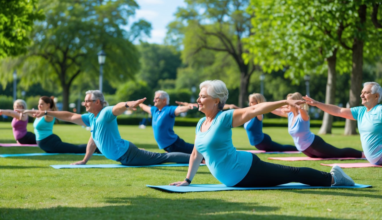 Sekelompok orang dewasa melakukan peregangan ringan di taman yang cerah dan hijau.