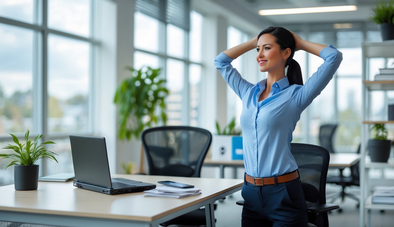 Seorang pekerja kantor sedang melakukan peregangan sederhana di samping mejanya di ruang kantor yang terang dan modern.