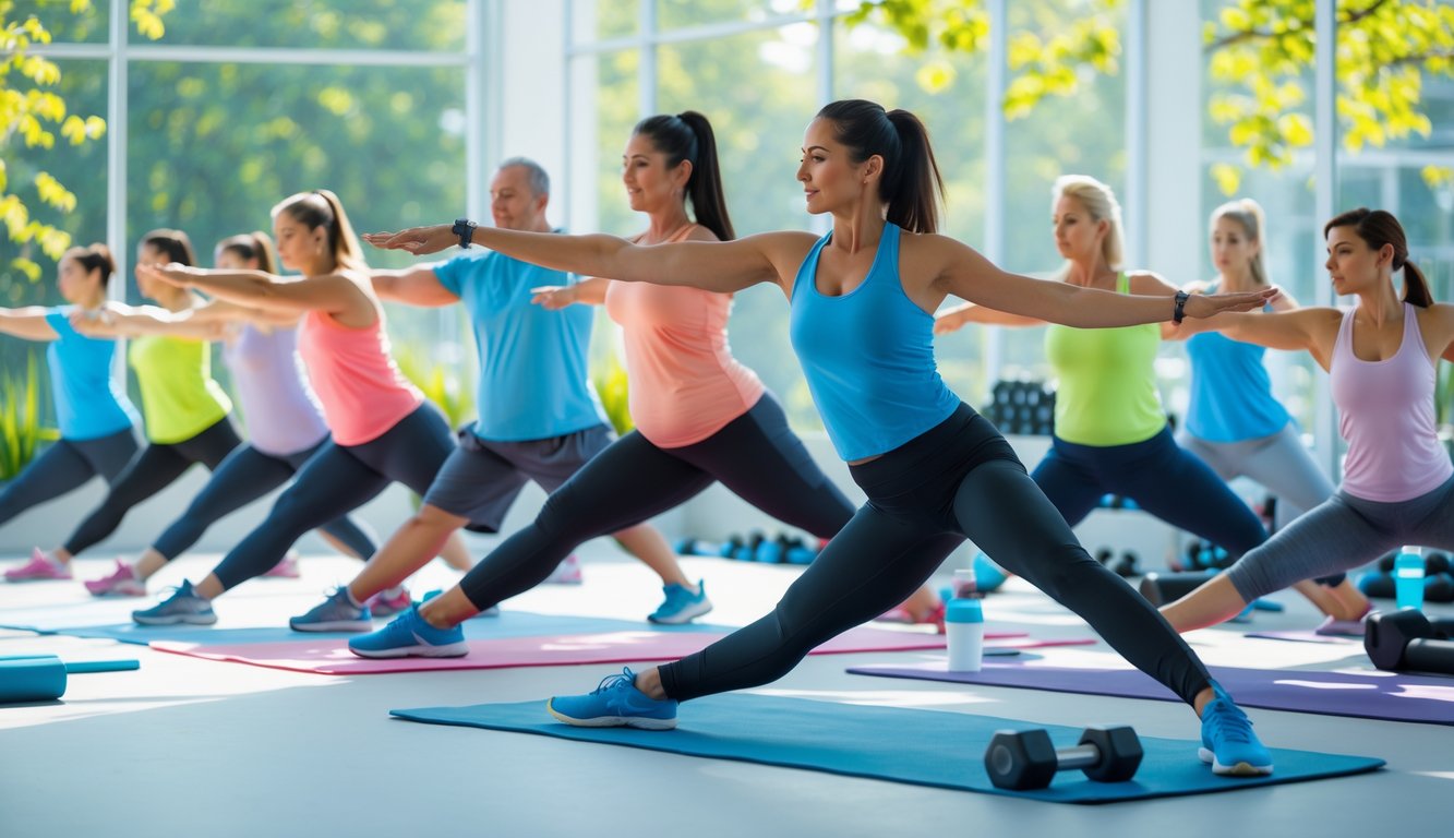 Sekelompok orang melakukan peregangan sebelum dan sesudah olahraga di taman atau gym.