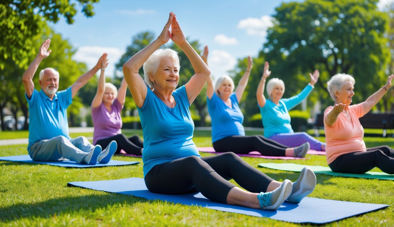 Sejumlah lansia sedang melakukan peregangan di taman yang cerah dan hijau agar tetap aktif dan bugar.