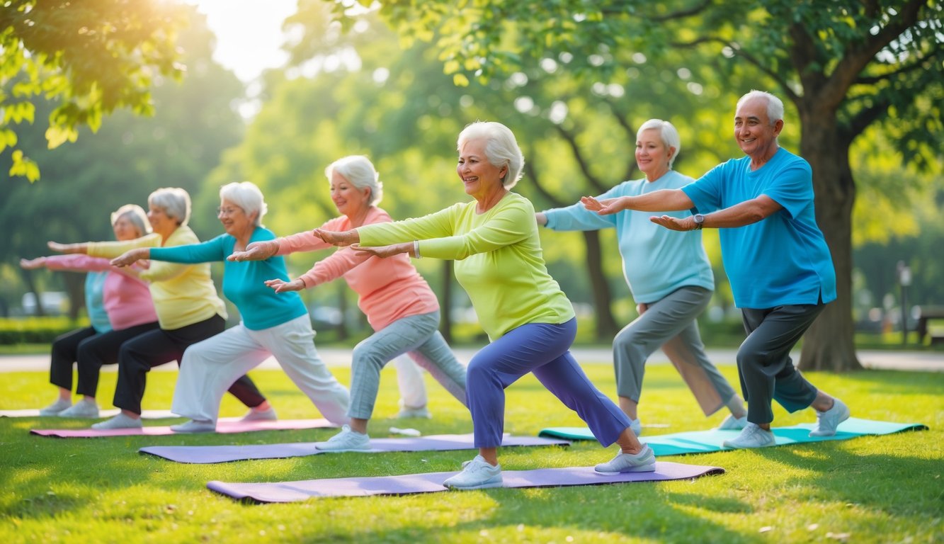 Sejumlah lansia sedang melakukan olahraga peregangan di taman dengan suasana cerah dan hijau.