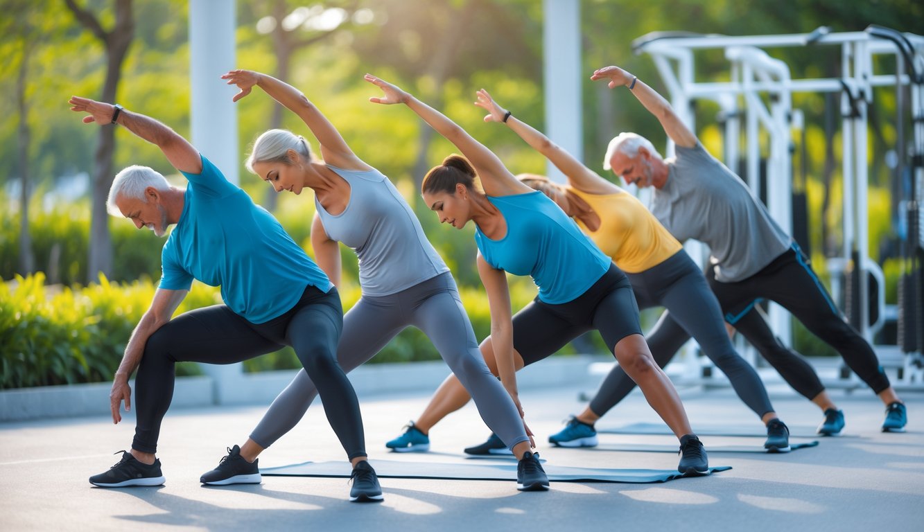 Sekelompok orang dewasa melakukan peregangan dengan gerakan yang benar di taman atau gym terbuka pada siang hari.