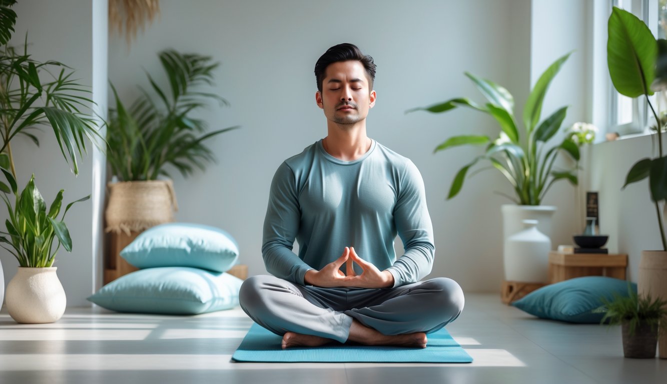 Seorang pria duduk bersila dengan mata tertutup di ruangan terang, bermeditasi dengan tenang untuk kesehatan mental dan emosional.