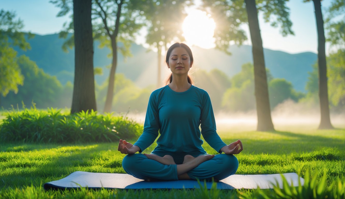 Seseorang bermeditasi duduk bersila di taman hijau dengan latar pepohonan dan cahaya matahari pagi yang lembut.