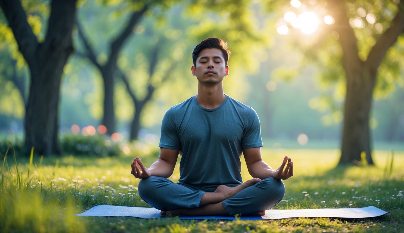 Seorang pria sedang bermeditasi di luar ruangan pada pagi hari dengan latar belakang taman yang hijau dan cerah.
