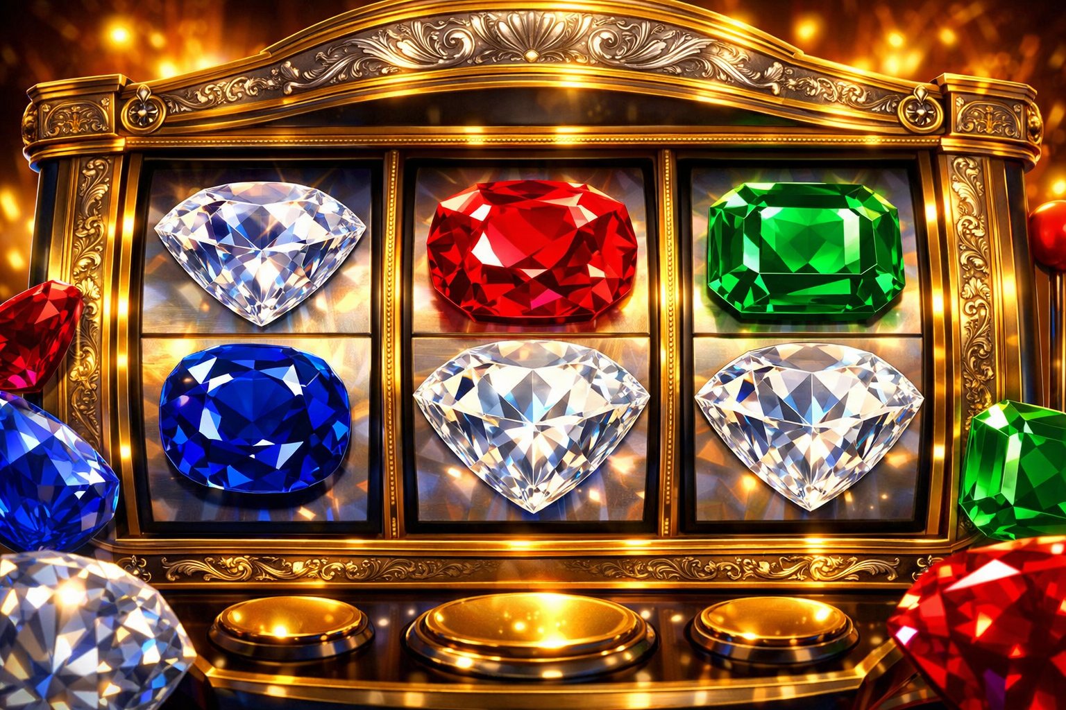CloseUp Of A Casino Slot Machine With Reels Showing Sparkling Diamonds And Colorful Gem Symbols Surrounded By Ornate Gold And Silver Details.