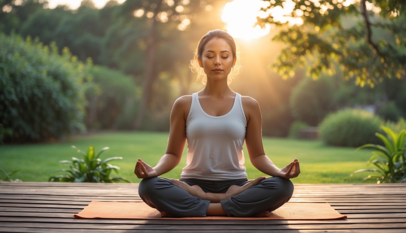 Seseorang duduk bersila di luar ruangan pada pagi hari, bermeditasi dengan mata tertutup di tengah suasana taman yang tenang dan sinar matahari pagi yang lembut.