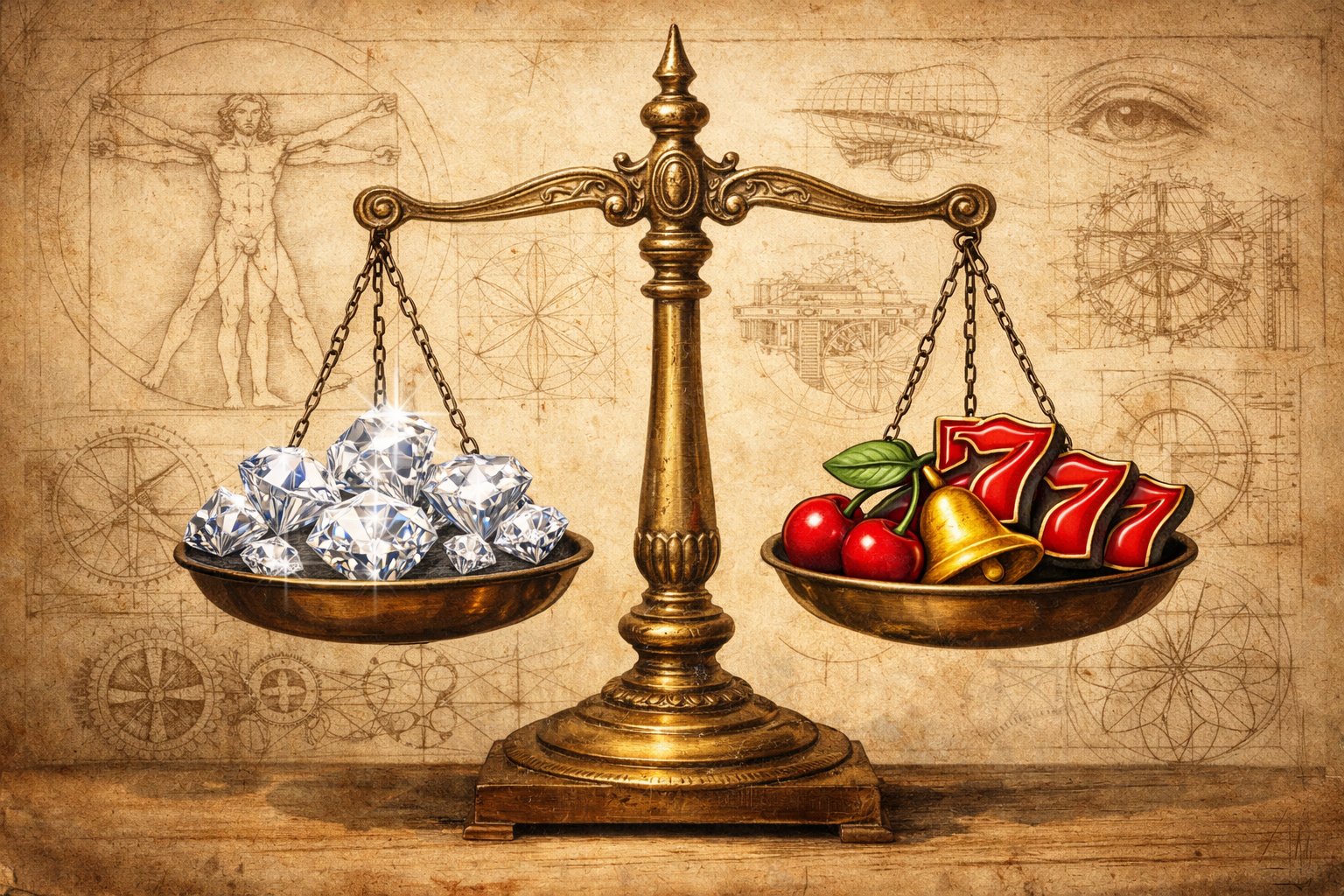 A Balanced Scale With Diamonds On One Side And Slot Machine Symbols On The Other, Set Against A Background Of Geometric Patterns Inspired By Leonardo Da Vinci.