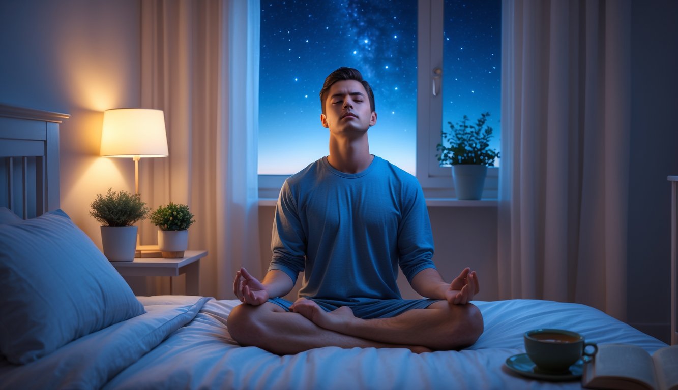 Seorang pria duduk bersila di tempat tidur dalam kamar tidur yang tenang di malam hari, bermeditasi dengan mata tertutup.