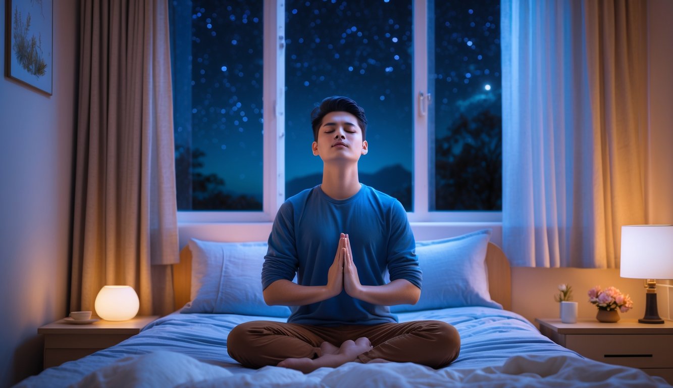 Seseorang duduk bersila di tempat tidur dengan mata tertutup, bermeditasi di kamar tidur yang tenang pada malam hari.