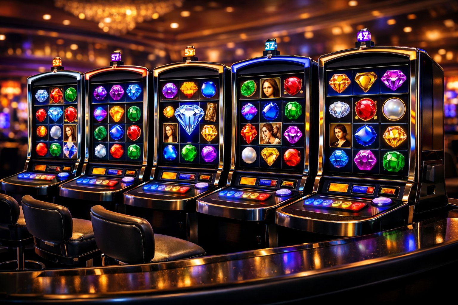 A Casino Table Displaying Several Colorful Slot Machines With JewelThemed Symbols, Set In A Lively Casino Environment.