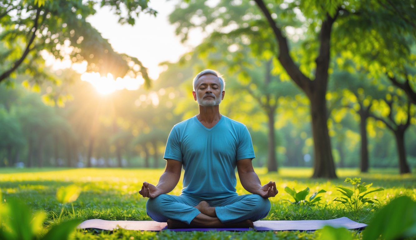 Seorang pria sedang bermeditasi dengan tenang di taman hijau pada pagi hari.