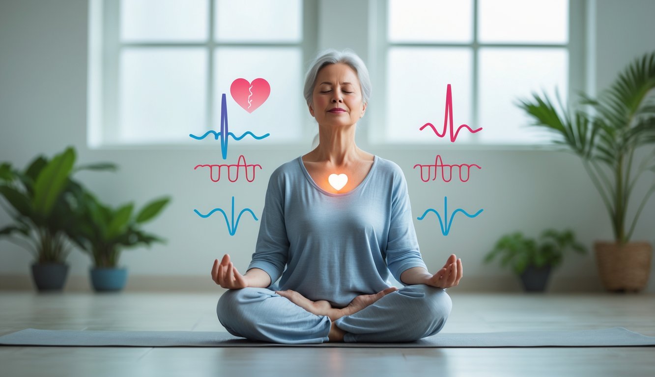 Seseorang duduk bersila dengan mata tertutup dalam posisi meditasi di ruangan yang tenang, dengan cahaya alami dan tanaman hijau di latar belakang.