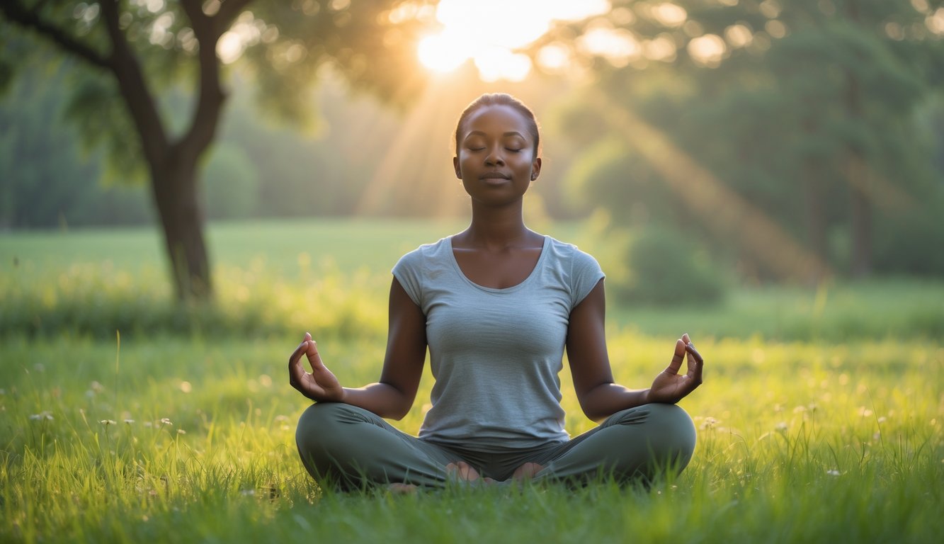 Seorang pria duduk bersila di lapangan rumput, bermeditasi dengan mata tertutup di lingkungan alam yang tenang.