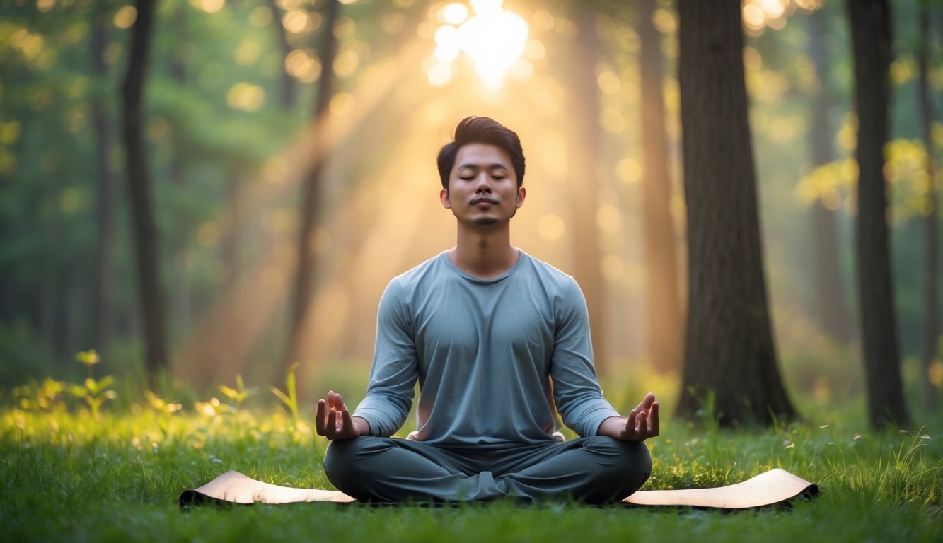 Seseorang duduk bersila bermeditasi di luar ruangan di atas rumput hijau dengan latar belakang pepohonan dan sinar matahari hangat.