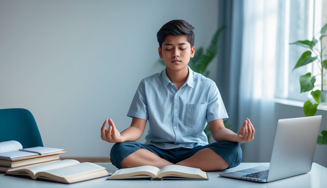 Seorang pelajar remaja duduk tenang dengan mata tertutup di meja belajar yang rapi, dikelilingi buku dan laptop.