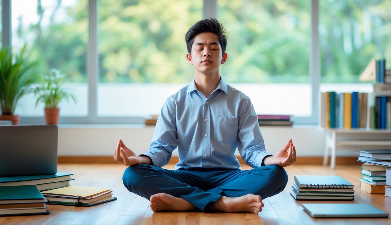 Seorang pelajar duduk bersila dengan mata tertutup di ruang belajar yang terang, tampak tenang dan fokus berlatih meditasi.
