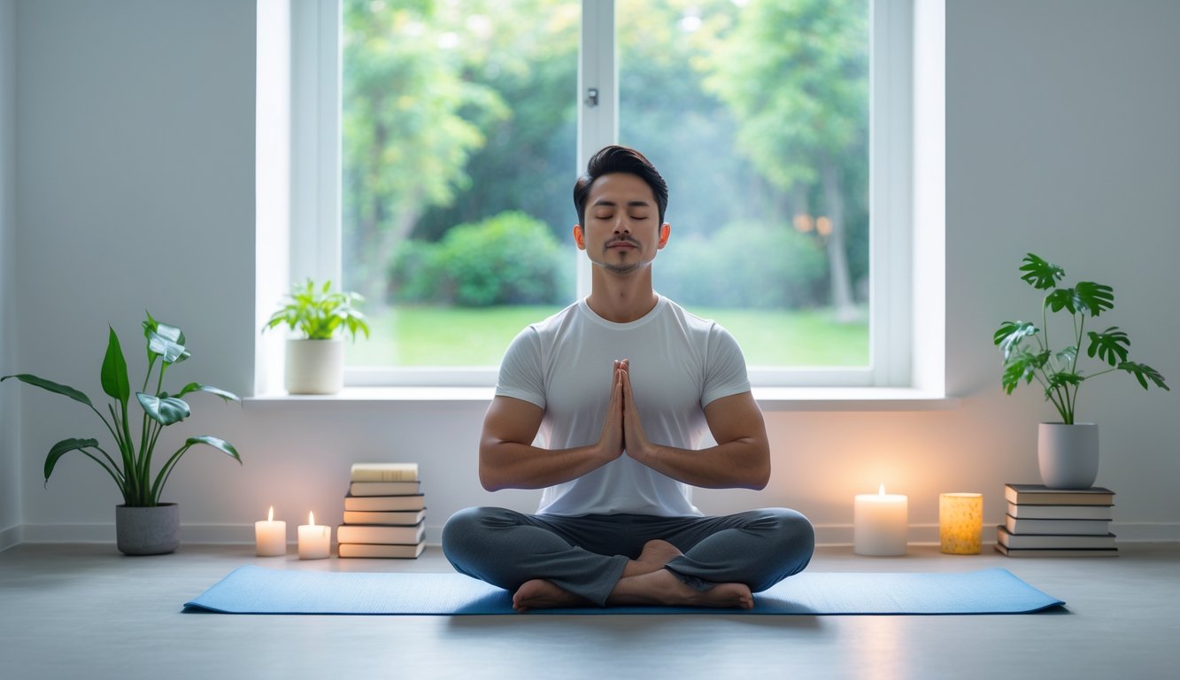 Seorang pria duduk bersila dengan mata tertutup di dalam ruangan terang, bermeditasi dengan tenang di atas matras yoga.
