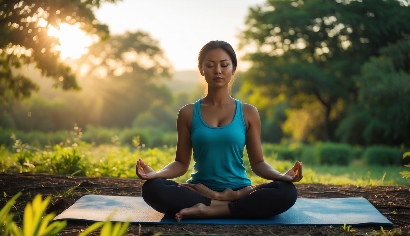 Seseorang duduk bersila di luar ruangan dengan latar pepohonan hijau, mata tertutup dan tangan di lutut dalam posisi meditasi.
