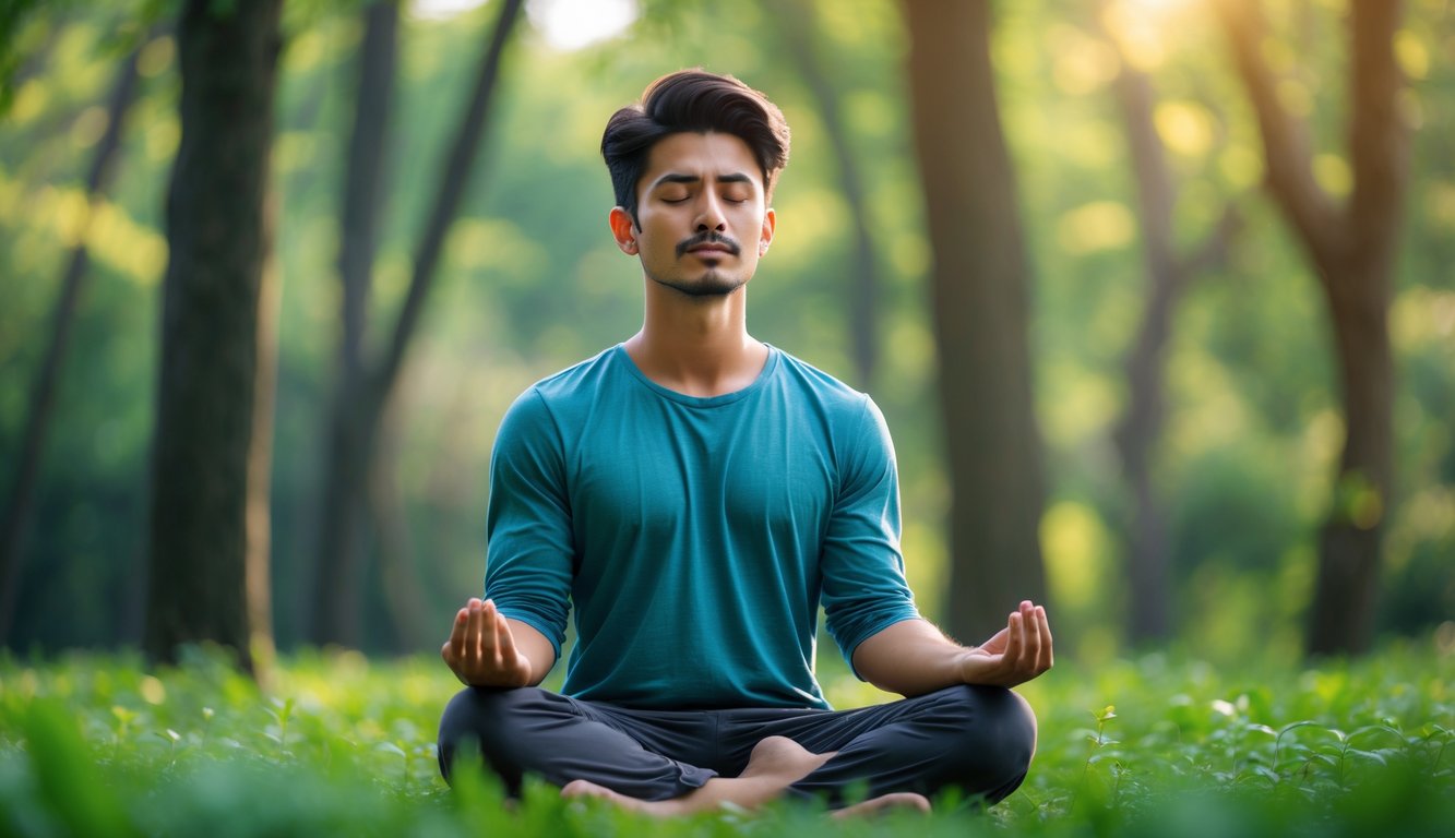 Seorang pria muda duduk bersila di taman hijau dengan mata tertutup, bermeditasi dalam suasana tenang dan damai.