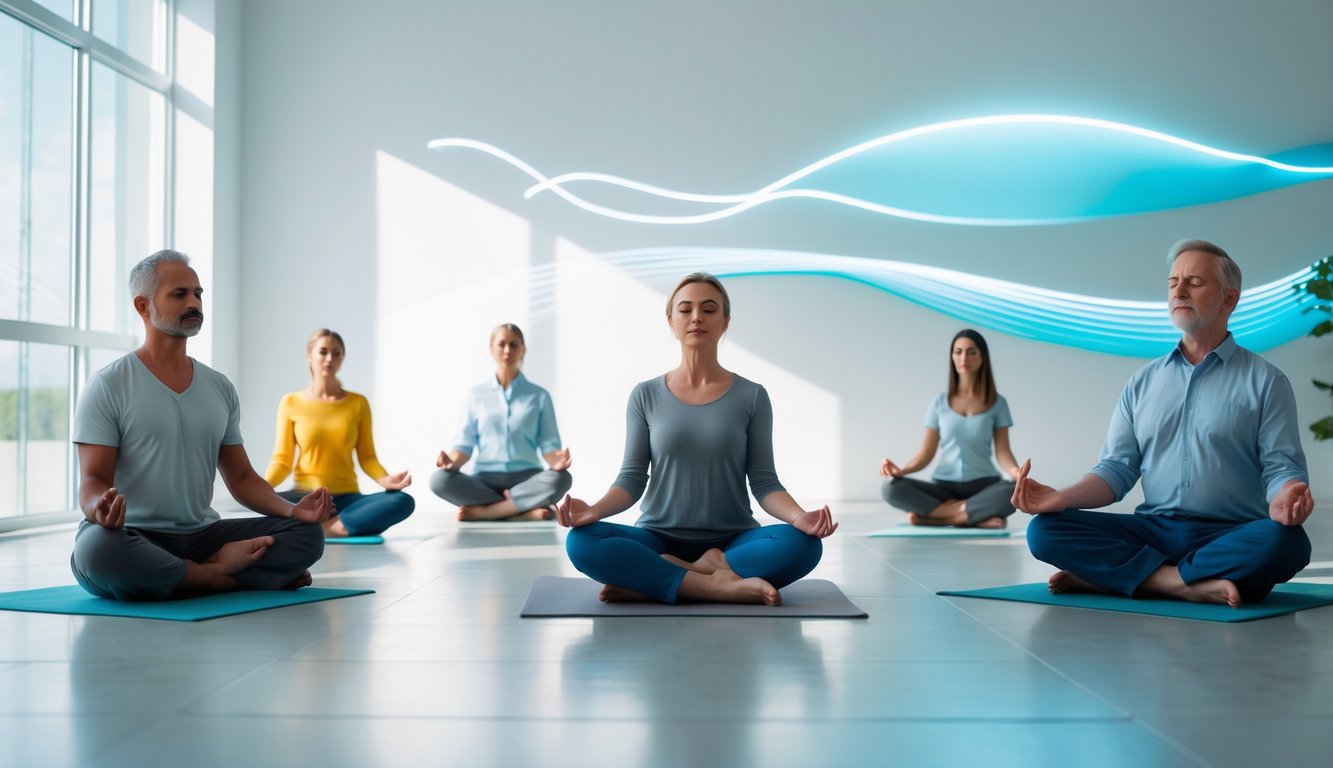 Sekelompok orang duduk bermeditasi dengan ekspresi tenang di sebuah ruangan terang yang nyaman.