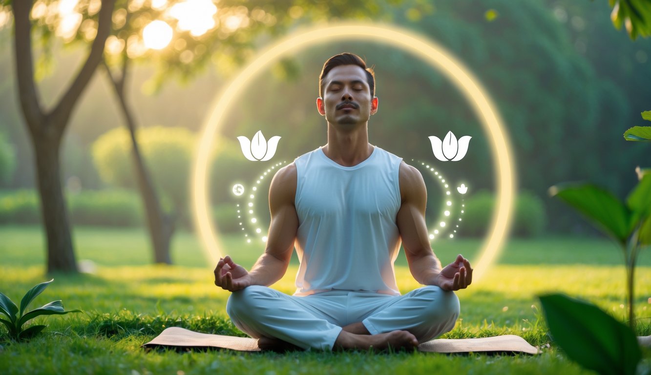 Seorang pria duduk bersila di taman hijau sedang bermeditasi dengan mata tertutup, tampak tenang dan sehat.