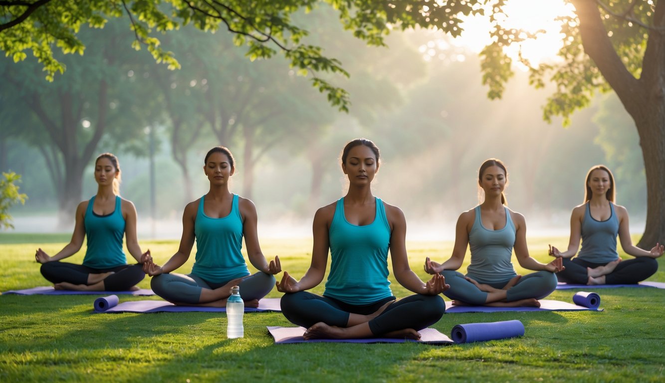 Kelompok orang duduk bermeditasi di taman hijau dengan latar pepohonan dan cahaya matahari pagi.