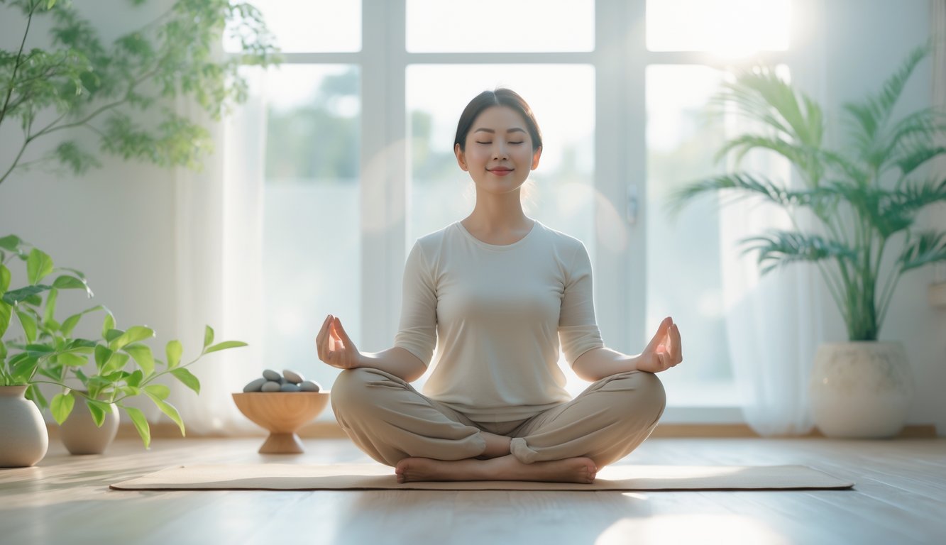 Seorang pria duduk bersila dengan mata tertutup di ruang terang yang dipenuhi cahaya alami, tampak tenang dan damai sedang bermeditasi.