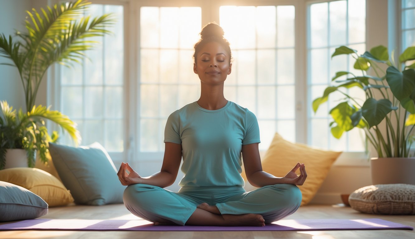 Seseorang sedang duduk bersila dengan mata tertutup di sebuah ruangan terang yang dipenuhi tanaman, tampak tenang dan damai.