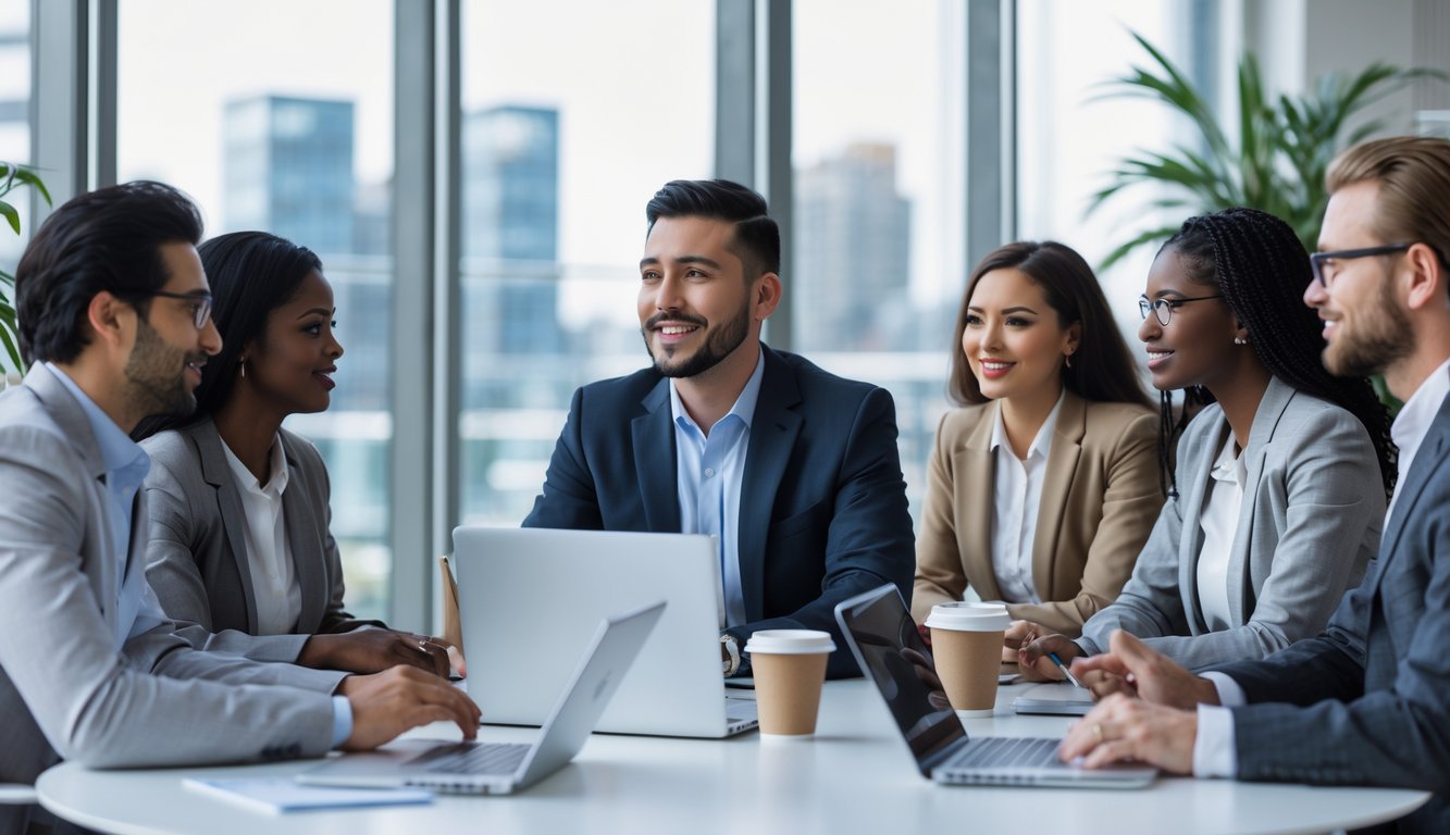Sekelompok pekerja kantor sedang berdiskusi dengan serius di ruang rapat yang terang dan modern.