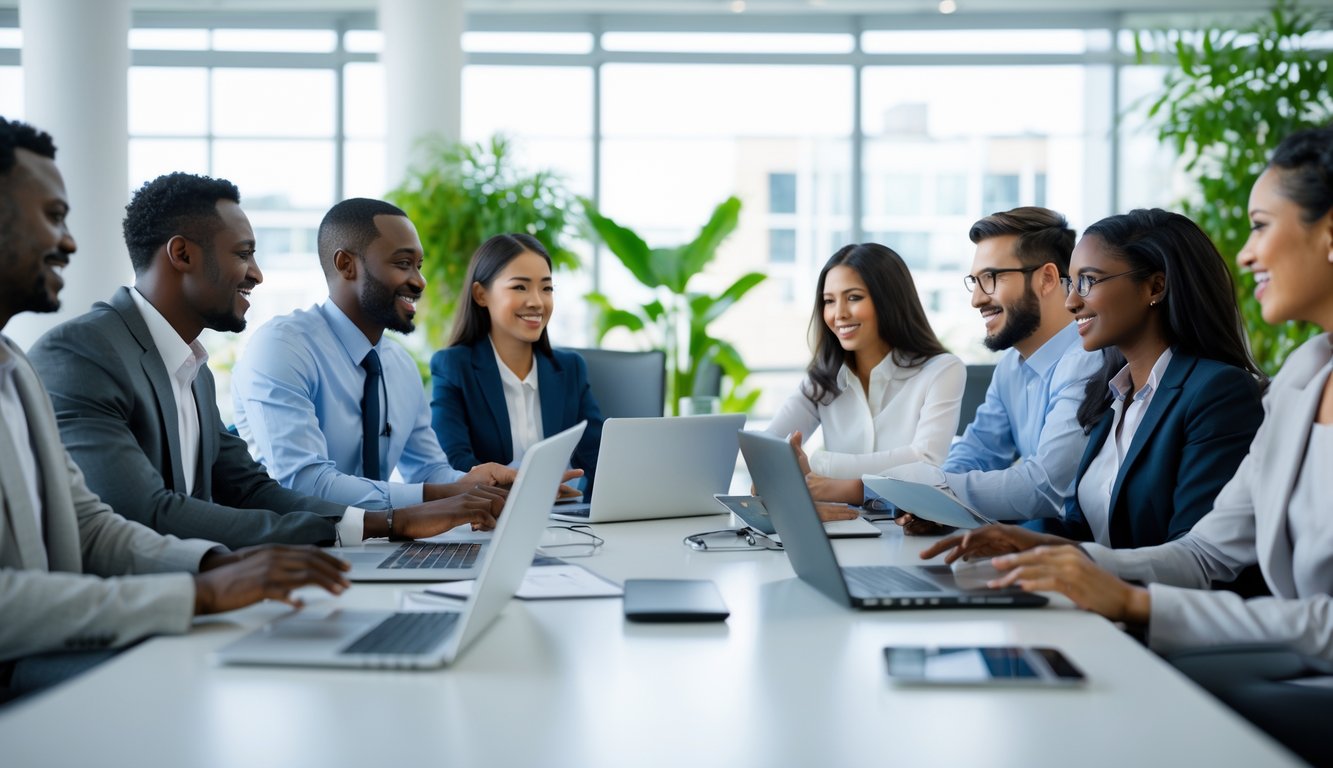 Sekelompok pekerja kantor yang beragam sedang berdiskusi dan berkolaborasi di ruang rapat dengan suasana cerah dan penuh semangat.