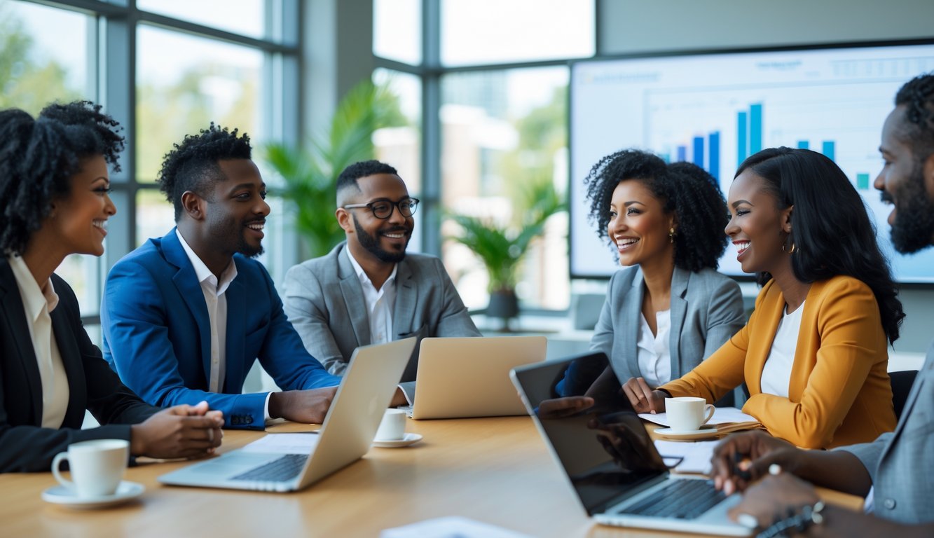Sekelompok rekan kerja sedang berdiskusi dengan antusias di ruang kantor modern.