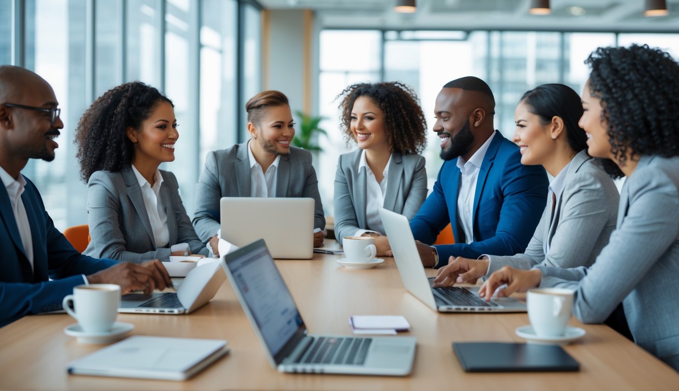Sekelompok pekerja kantor yang beragam sedang berdiskusi dengan antusias di ruang rapat modern, menunjukkan komunikasi efektif dan kerja sama yang solid.