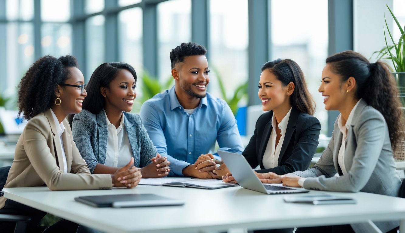 Empat rekan kerja sedang berdiskusi dengan akrab di meja kantor yang terang dan modern.