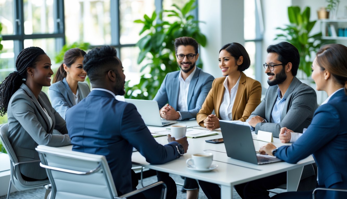 Sekelompok karyawan sedang berdiskusi dengan ramah di ruang kantor modern.