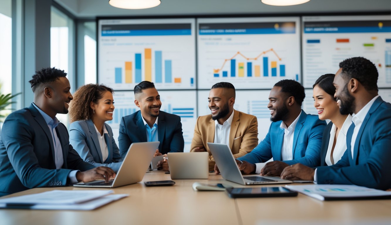 Sekelompok karyawan dan manajer sedang berkomunikasi dan bekerja sama di ruang kantor modern.