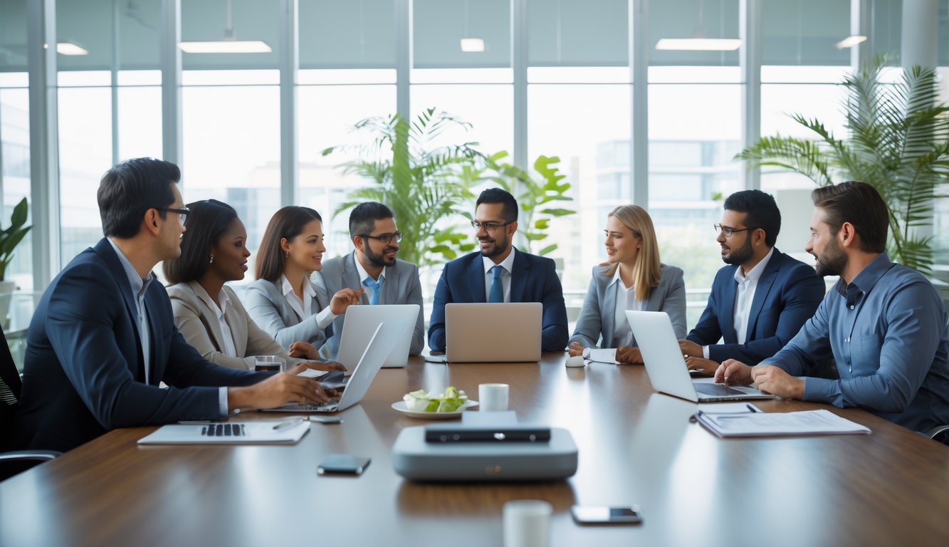 Sekelompok karyawan dan manajemen sedang berdiskusi bersama di ruang rapat kantor modern.
