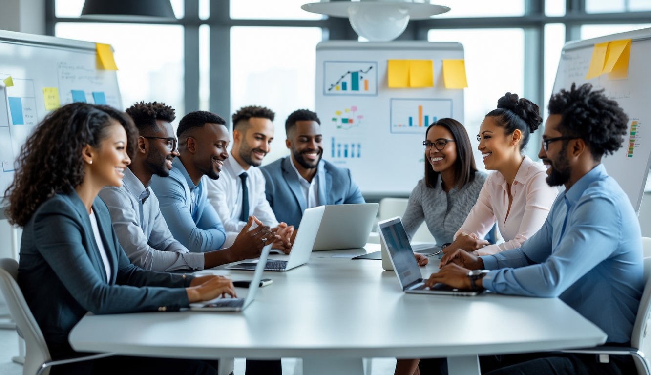 Sekelompok pekerja kantor yang beragam sedang berdiskusi dan berkomunikasi secara efektif dalam rapat tim di ruang konferensi yang terang dan modern.