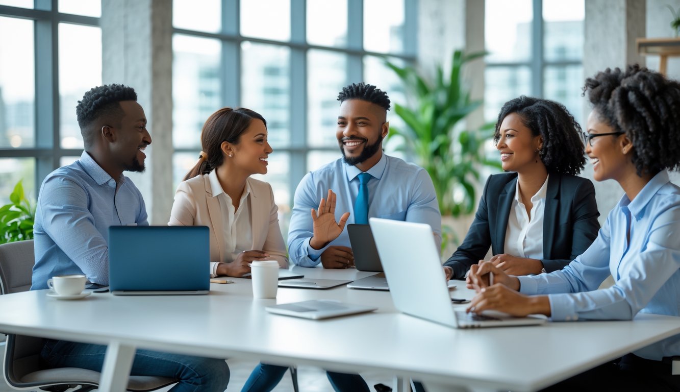 Sekelompok karyawan beragam sedang berdiskusi dan berkomunikasi dengan antusias di ruang kantor yang terang dan modern.