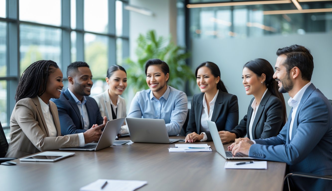 Sekelompok profesional sedang berdiskusi dan berkomunikasi dalam pertemuan di kantor modern.
