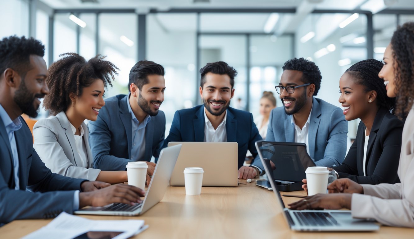Sekelompok pekerja kantor yang beragam sedang berdiskusi dan berkomunikasi secara efektif di ruang rapat kantor modern.