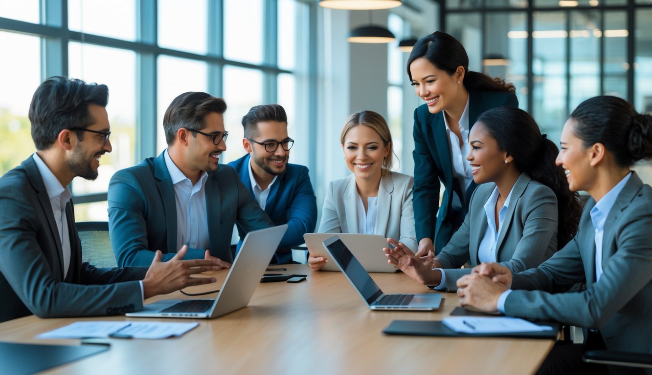 Sekelompok profesional bisnis beragam sedang berdiskusi dan bekerja sama di ruang rapat kantor modern.