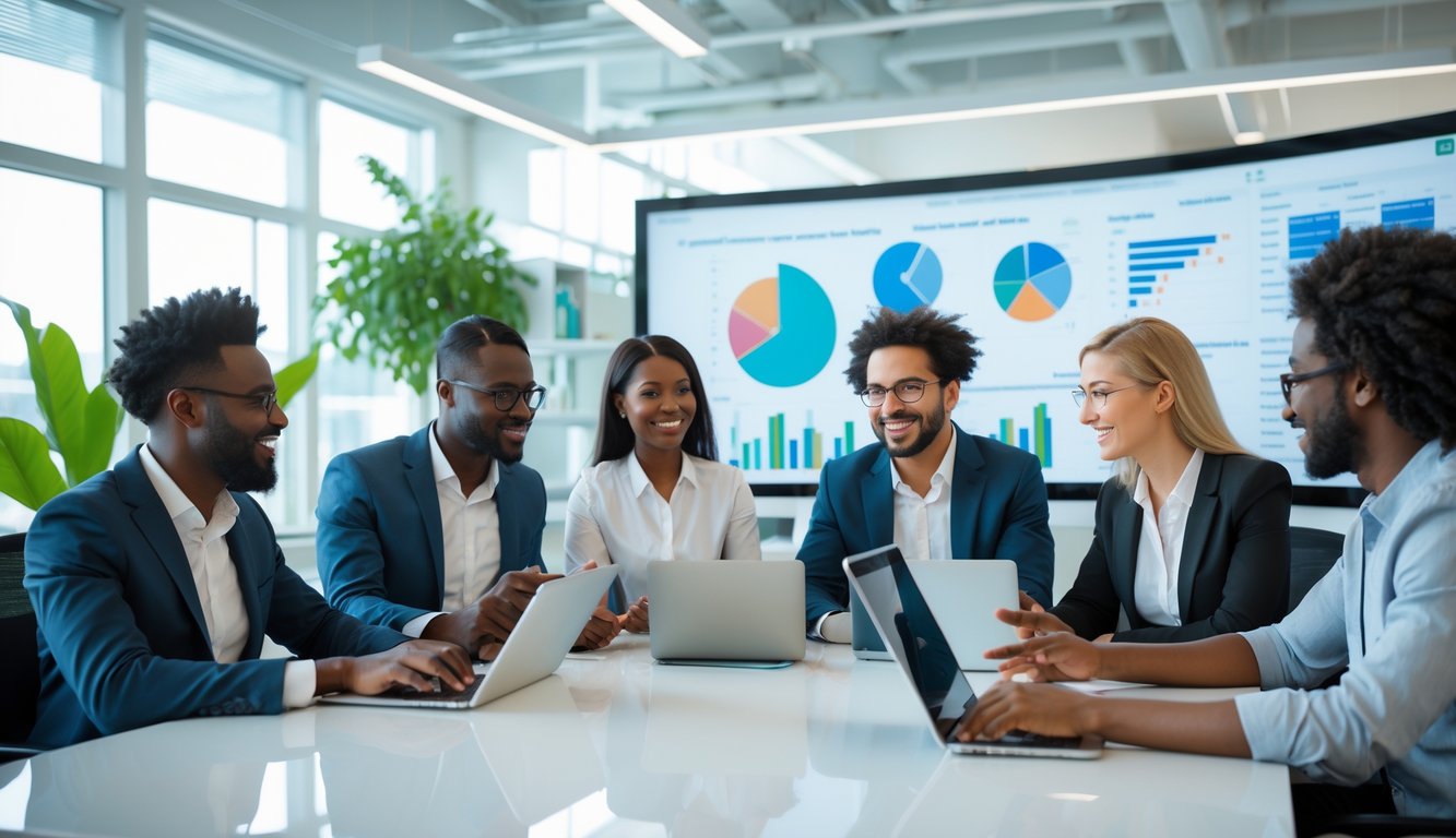 Sekelompok rekan kerja beragam sedang berdiskusi dan berkolaborasi di ruang kantor modern.