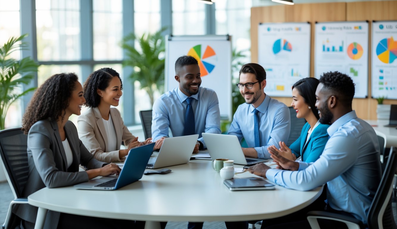 Sekelompok pekerja kantor beragam sedang berdiskusi dan berkolaborasi di ruang rapat modern dengan suasana terang dan ramah.