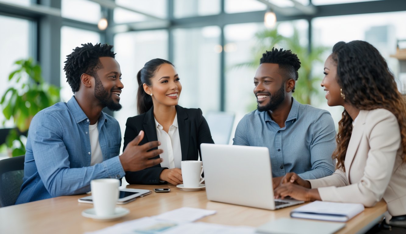 Empat rekan kerja sedang berdiskusi dengan ramah di meja kantor yang terang dan modern.