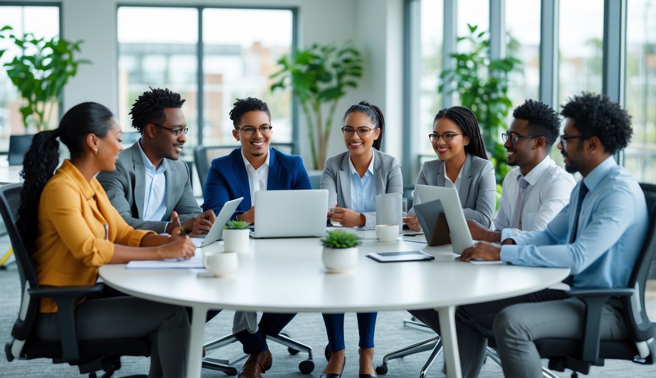 Sekelompok pekerja kantor yang beragam sedang berdiskusi dengan ramah di ruang rapat yang terang dan modern.