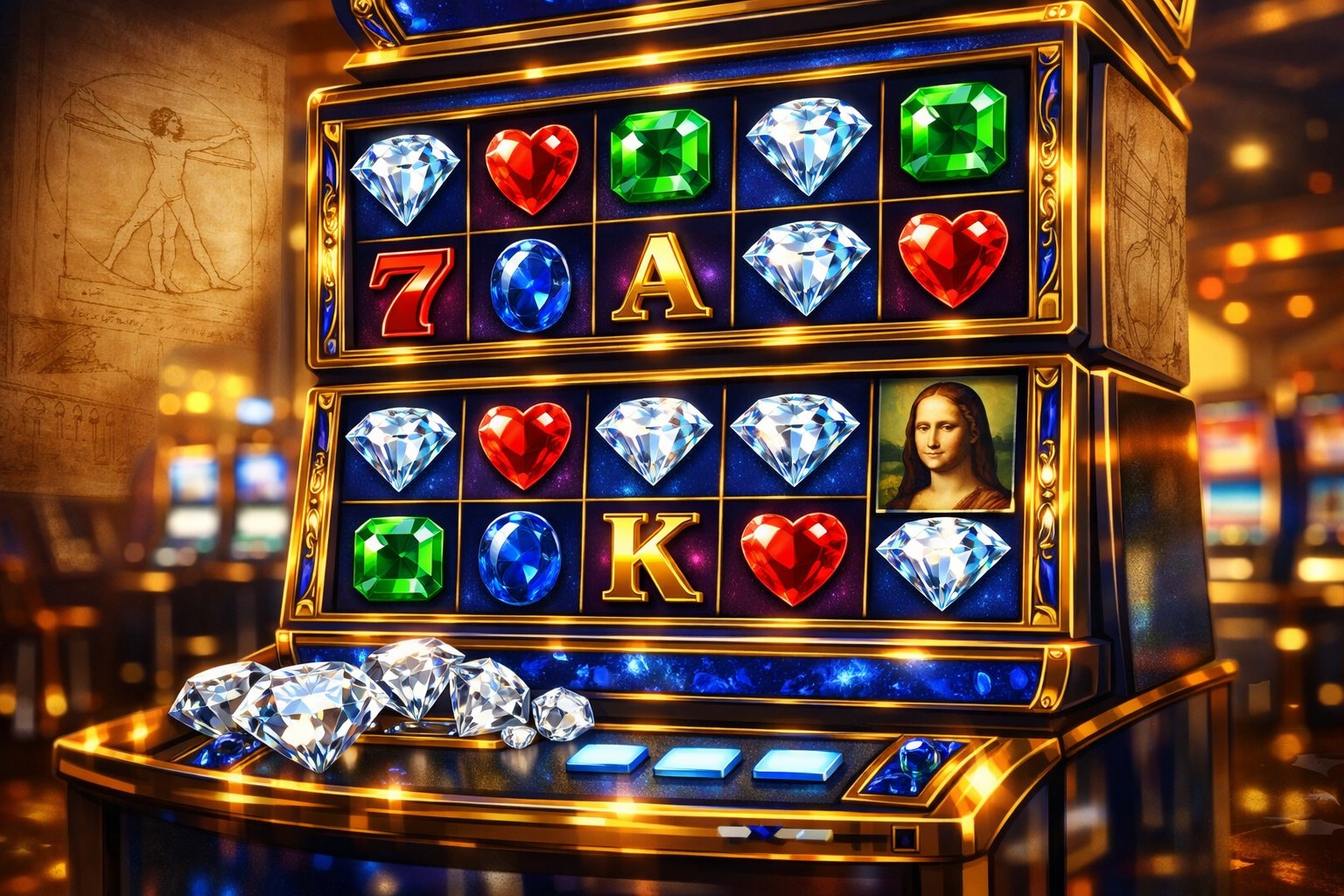 A Detailed Illustration Of A Casino Slot Machine With Sparkling Diamond And Gemstone Symbols, Set In A Luxurious Casino Environment.