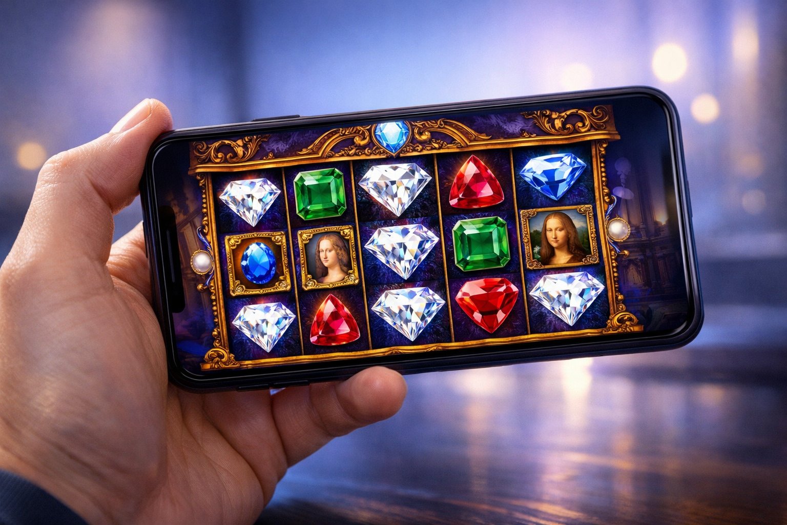 A Hand Holding A Smartphone Displaying A Colorful Slot Game Screen With Sparkling Diamond Symbols And Classic Reels.