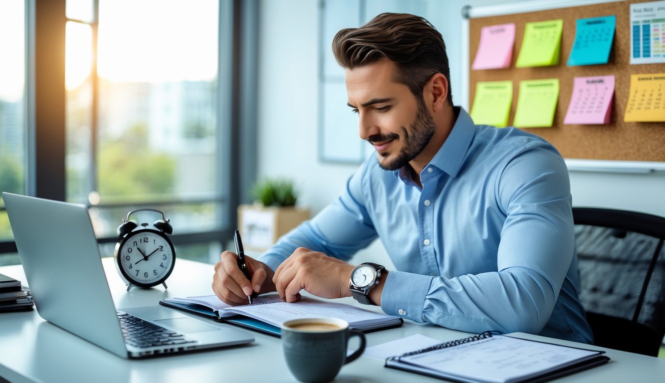Seorang pria di kantor modern sedang mengelola waktu dengan menggunakan planner dan melihat jam di meja kerja yang rapi.