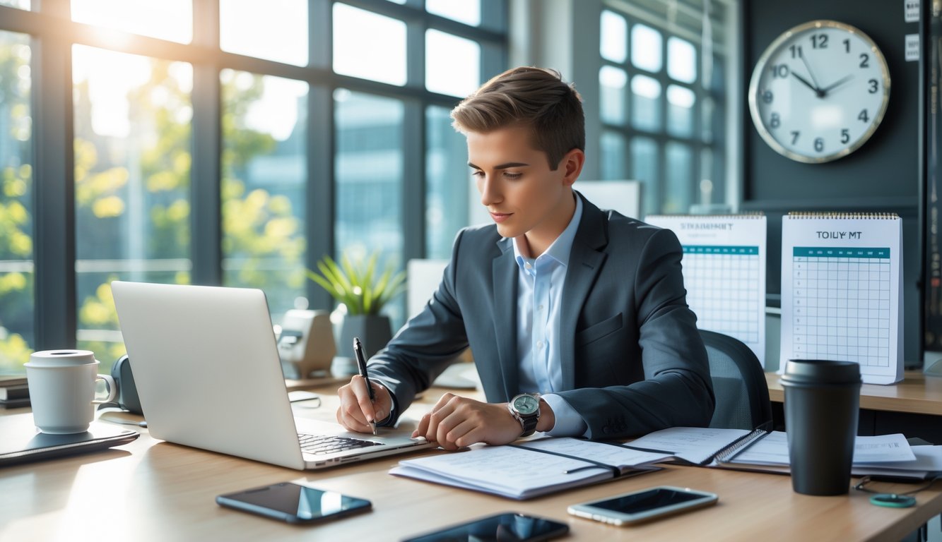 Seorang profesional muda sedang bekerja fokus di meja kantor yang rapi dengan laptop dan buku catatan, dikelilingi alat-alat yang menunjukkan manajemen waktu.
